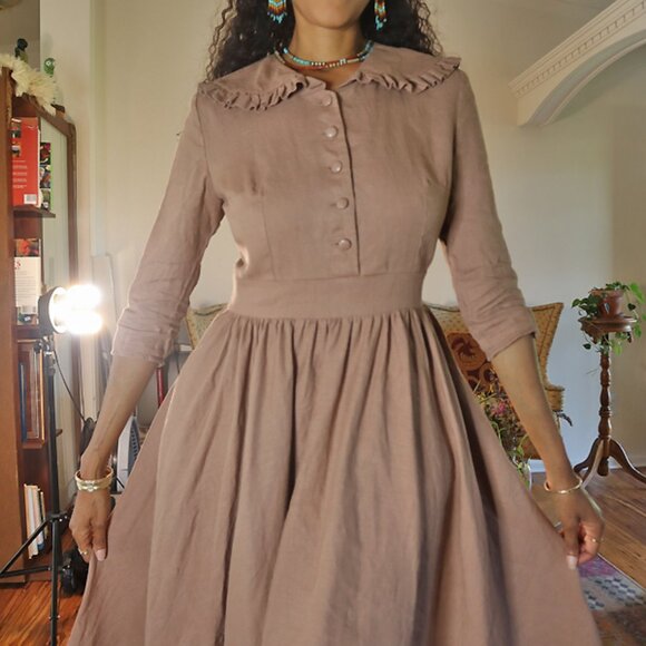 Prune Brown Cottage Core Linen Dress - Picture 2 of 6